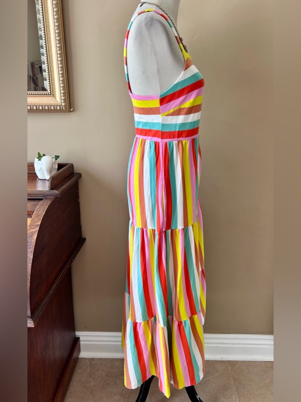 J Crew Tiered Maxi Dress in Rainbow Stripe Square Neck Knit Jersey Size Small S - Picture 8 of 16